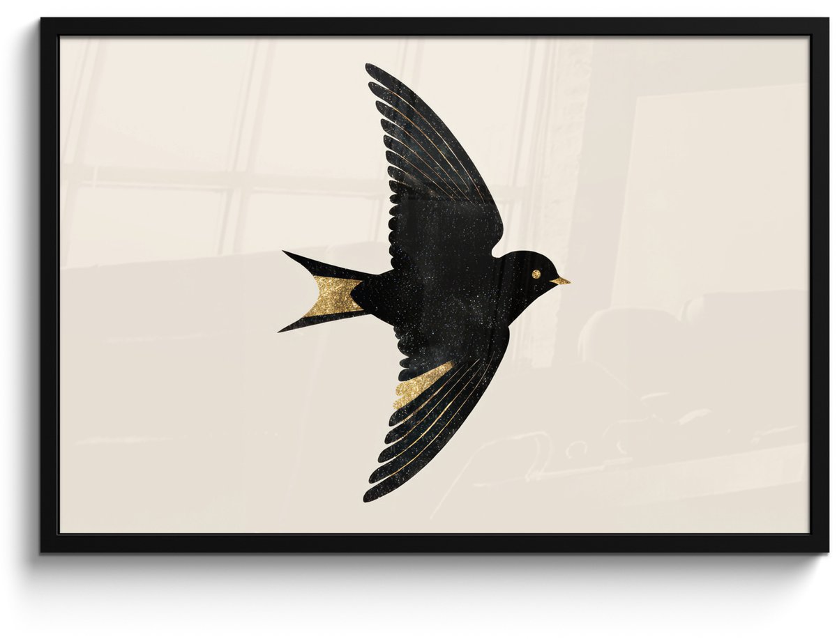 FrameYourWall Poster in lijst - Fotolijst 90x60 cm - Posters - Zwarte zwaluw - Gouden accenten - Lichte achtergrond - Posterlijst zwart - Decoratie - Wanddecoratie woonkamer - Muurdecoratie slaapkamer