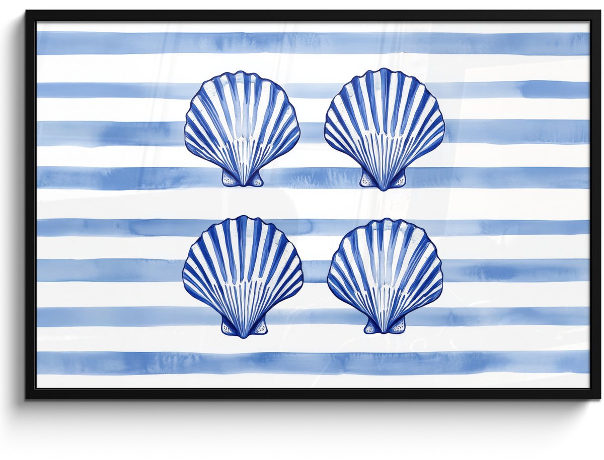 FrameYourWall Poster in lijst - Fotolijst 120x80 cm - Posters - Vier schelpen - Blauw - Wit - Strepen - Posterlijst zwart - Decoratie - Wanddecoratie woonkamer - Muurdecoratie slaapkamer Schelpen - Strepen