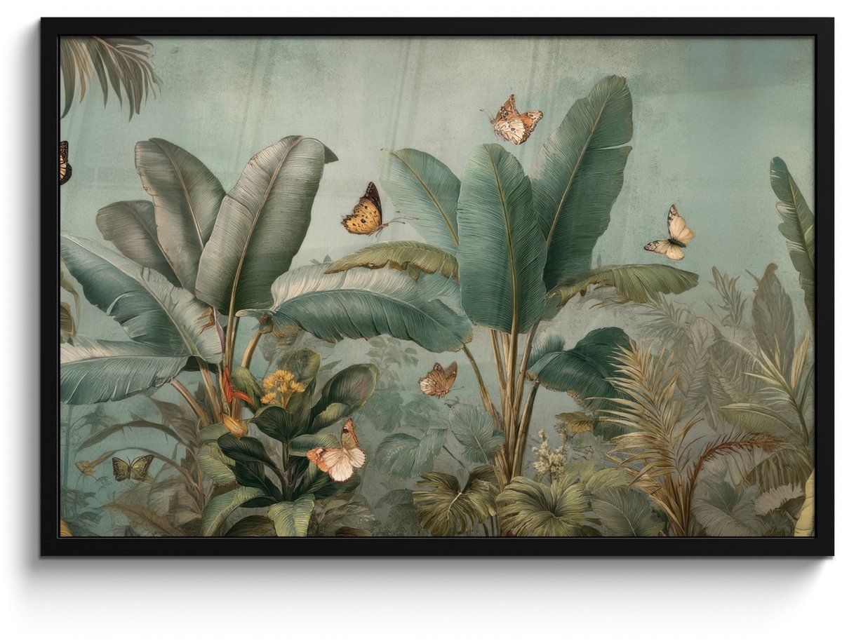 FrameYourWall Poster in lijst - Fotolijst 90x60 cm - Posters - Tropisch bladerdek - Vlinders - groen - Bruin - Posterlijst zwart - Decoratie - Wanddecoratie woonkamer - Muurdecoratie slaapkamer Tropisch - Bladeren - Vlinders