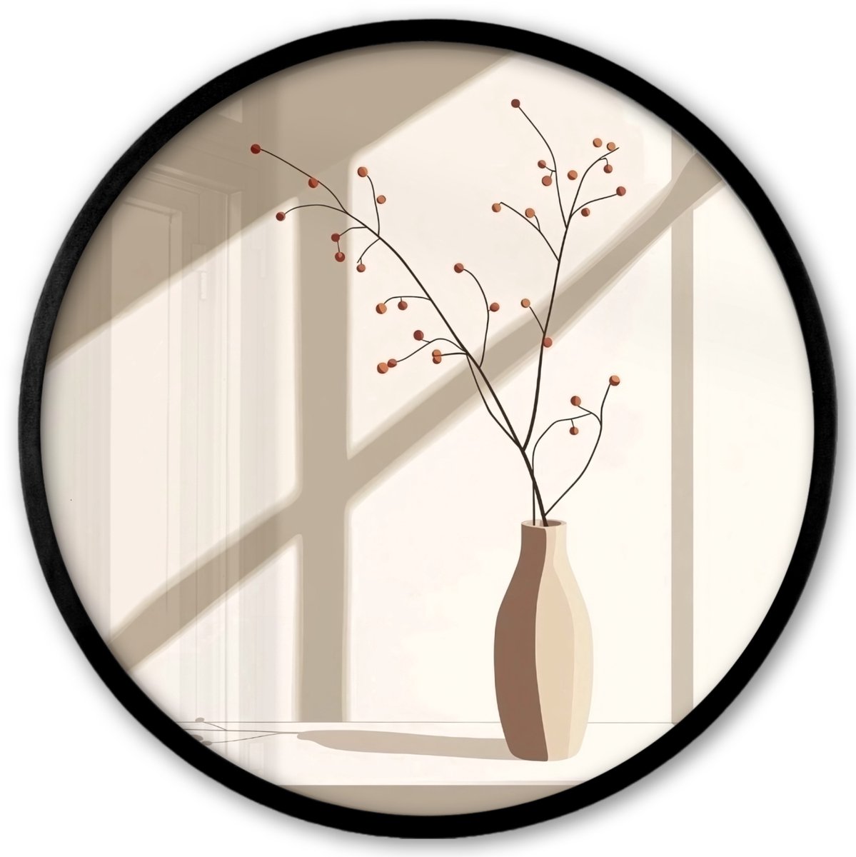 FrameYourWall Poster in lijst Rond - Fotolijst 40x40 cm - Posters - Vaas - Takken - Bessen - Minimalistisch - Ronde posterlijst zwart - Decoratie - Wanddecoratie woonkamer - Muurdecoratie slaapkamer