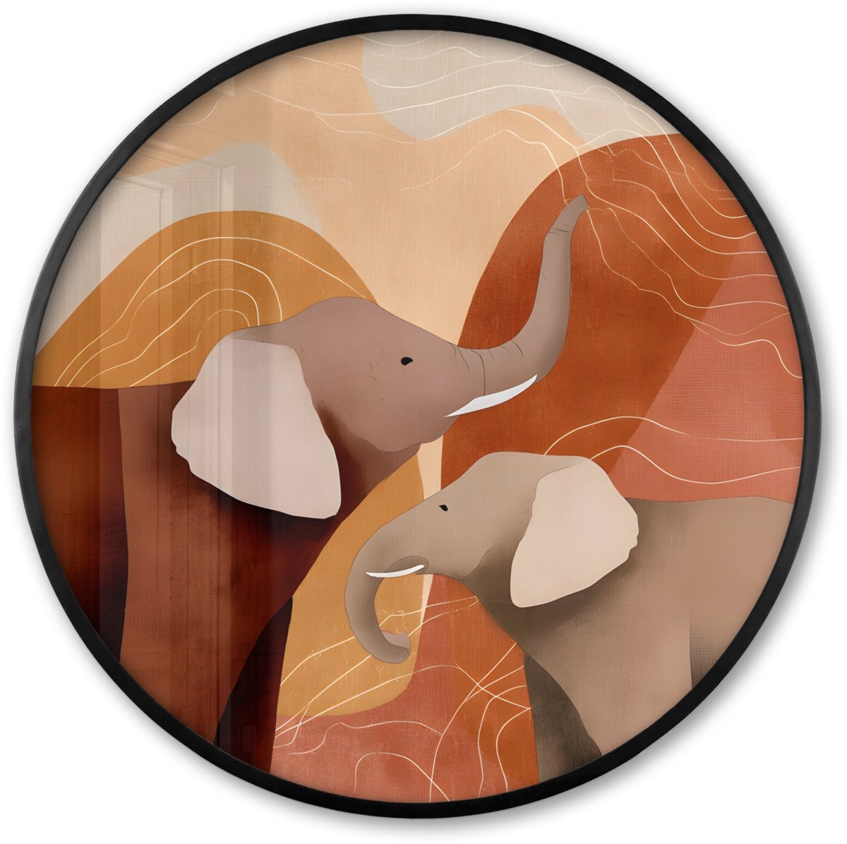FrameYourWall Poster in lijst Rond - Fotolijst 60x60 cm - Posters - Olifanten - Oranje - Abstract - Ronde posterlijst zwart - Decoratie - Wanddecoratie woonkamer - Muurdecoratie slaapkamer Olifanten - Abstract