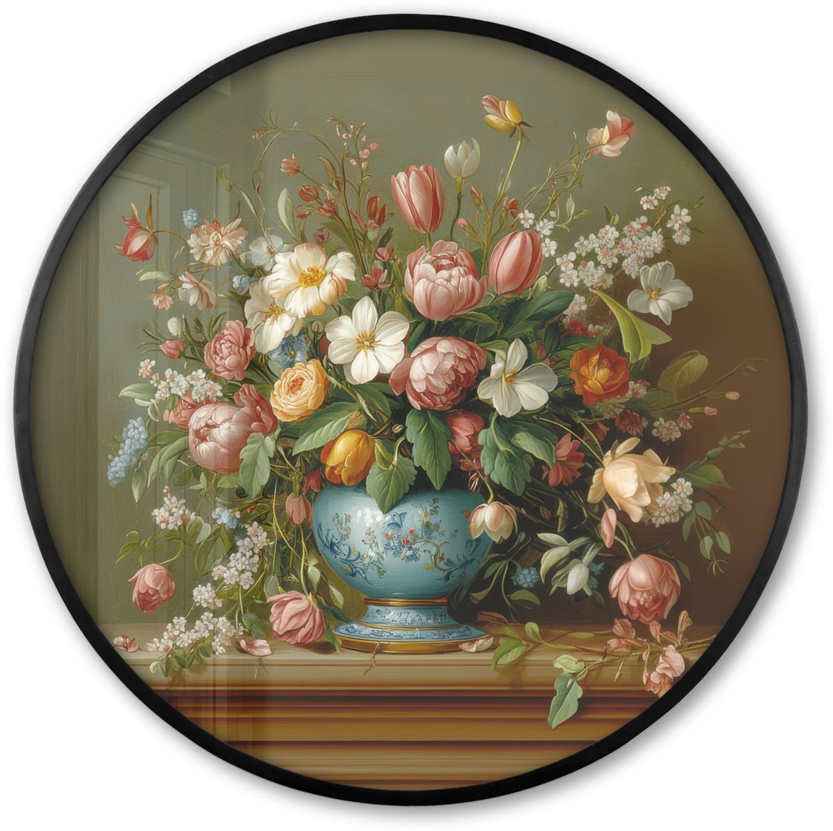 FrameYourWall Poster in lijst Rond - Fotolijst 80x80 cm - Posters - Vaas - Pastel - Kleuren - Bloemen - Ronde posterlijst zwart - Decoratie - Wanddecoratie woonkamer - Muurdecoratie slaapkamer Bloemen - Vaas
