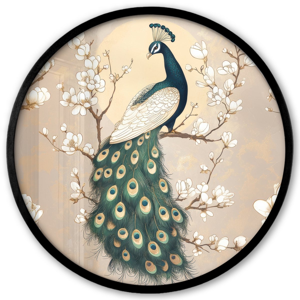 FrameYourWall Poster in lijst Rond - Fotolijst 40x40 cm - Posters - Pauw - Tak - Bloemen - Ronde posterlijst zwart - Decoratie - Wanddecoratie woonkamer - Muurdecoratie slaapkamer