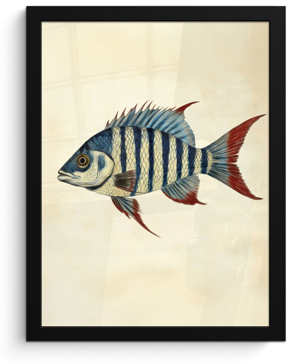 FrameYourWall Poster in lijst - Fotolijst 30x40 cm - Posters - Gestreept - Donkerblauw - Rugvin - Vis - Posterlijst zwart - Decoratie - Wanddecoratie woonkamer - Muurdecoratie slaapkamer