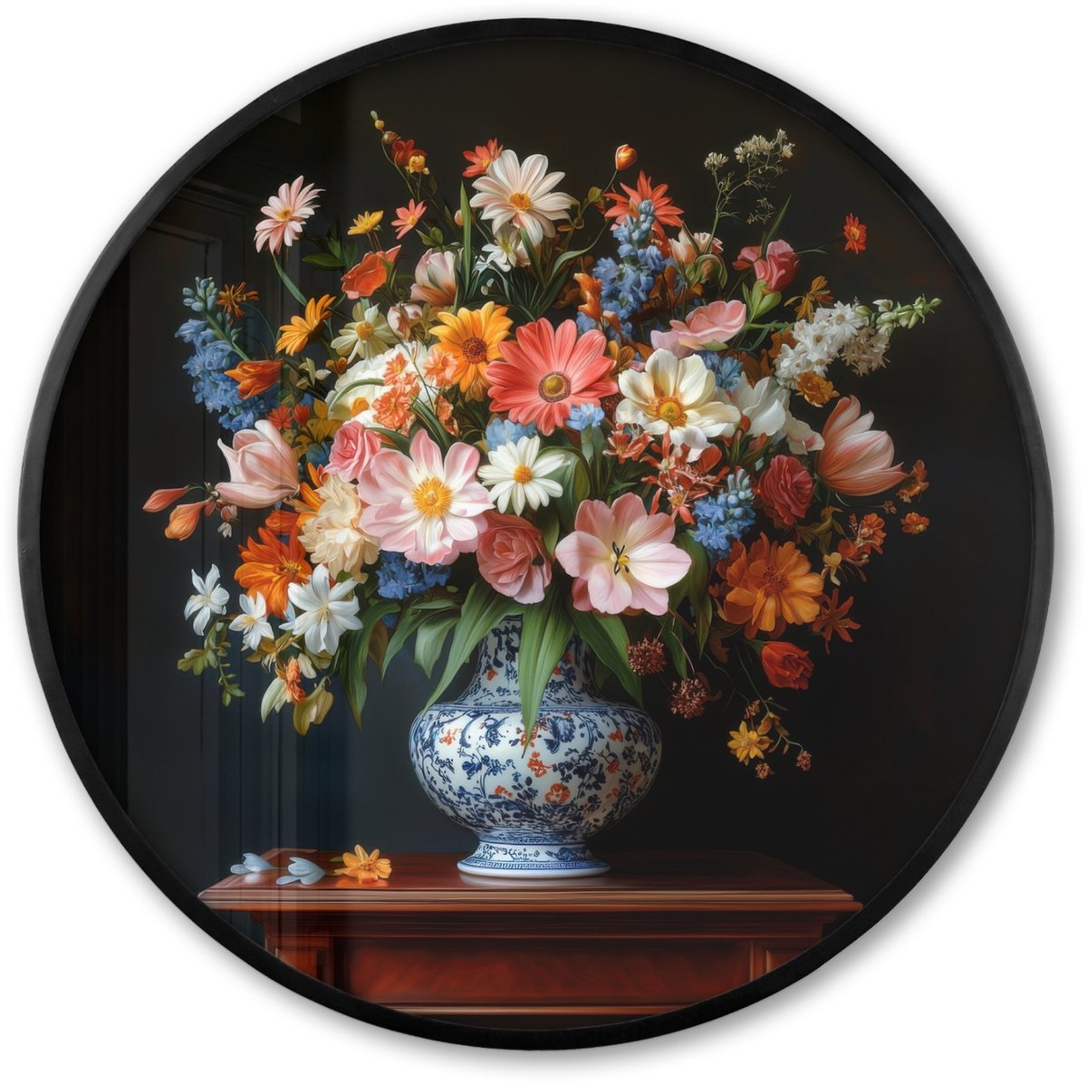 FrameYourWall Poster in lijst Rond - Fotolijst 60x60 cm - Posters - Boeket - Roze - Bloemen - Vaas - Ronde posterlijst zwart - Decoratie - Wanddecoratie woonkamer - Muurdecoratie slaapkamer