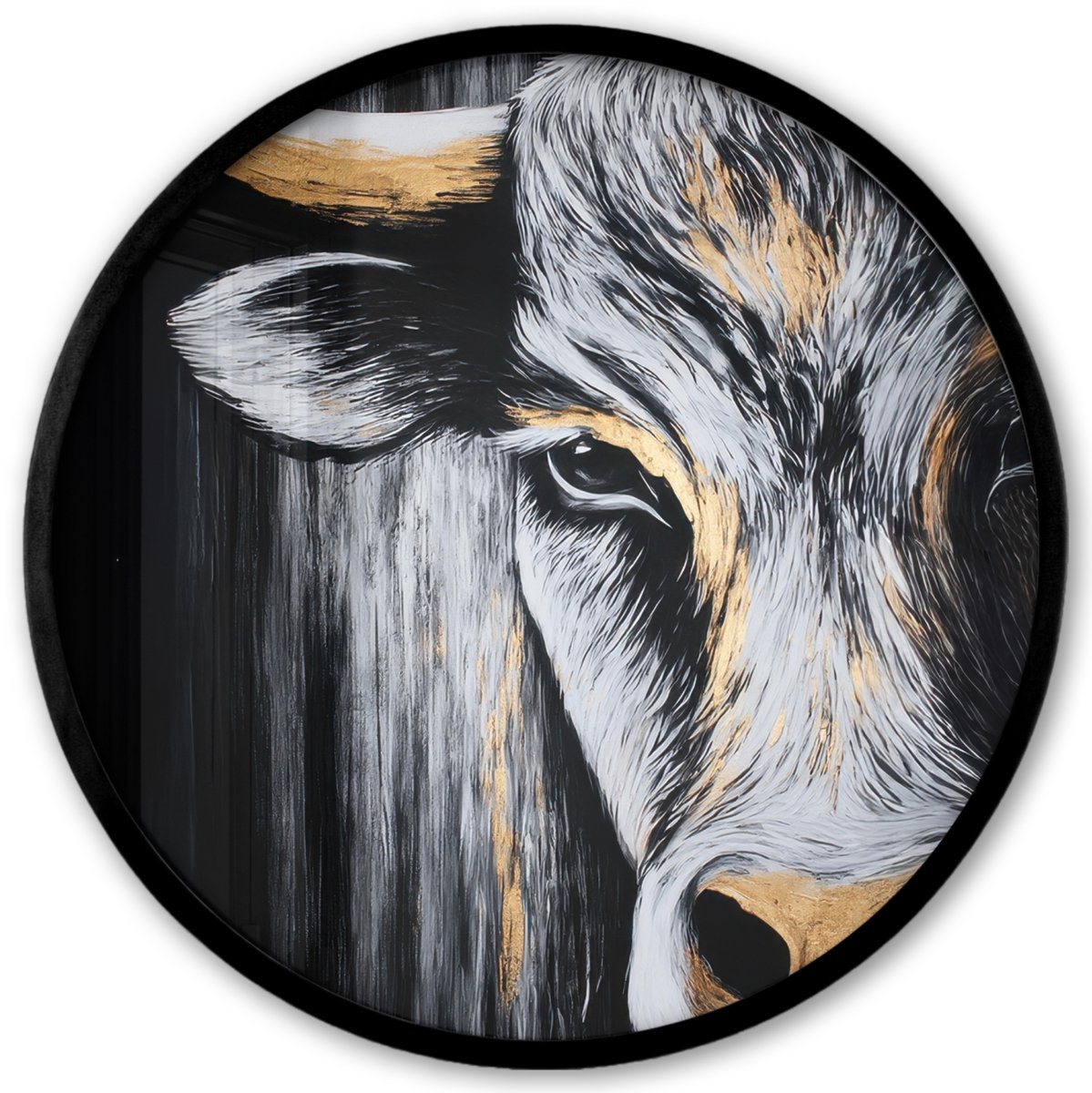 FrameYourWall Poster in lijst Rond - Fotolijst 40x40 cm - Posters - Stier - Hoorns - Snuit - Goud - Ronde posterlijst zwart - Decoratie - Wanddecoratie woonkamer - Muurdecoratie slaapkamer