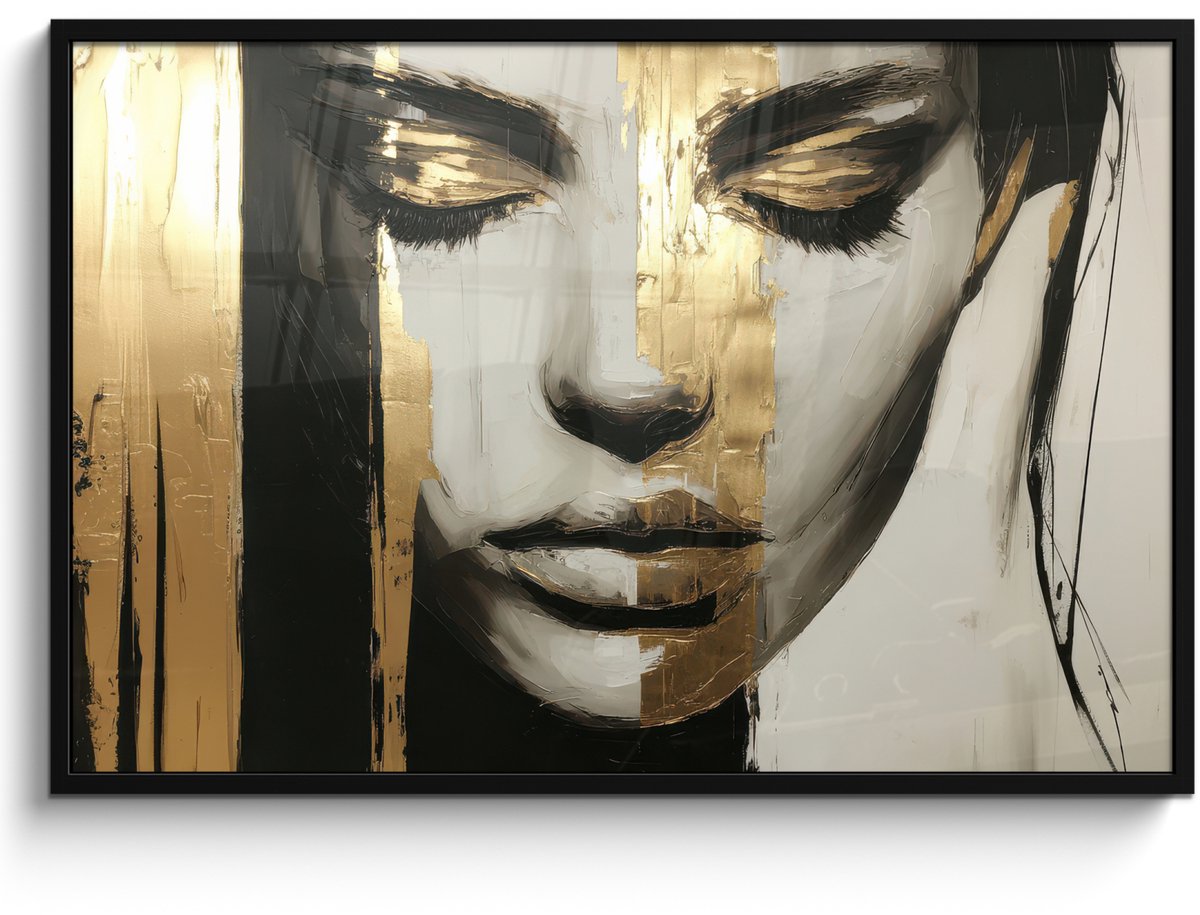 FrameYourWall Poster in lijst - Fotolijst 120x80 cm - Posters - Ogen - Gezicht - Goud - Strepen - Posterlijst zwart - Decoratie - Wanddecoratie woonkamer - Muurdecoratie slaapkamer