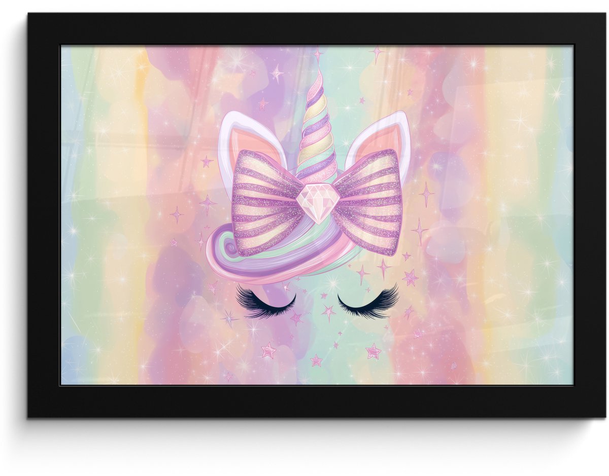 FrameYourWall Poster in lijst - Fotolijst 30x20 cm - Posters - Eenhoorn - Glitters - Regenboog - Pastel - Posterlijst zwart - Decoratie - Wanddecoratie woonkamer - Muurdecoratie slaapkamer