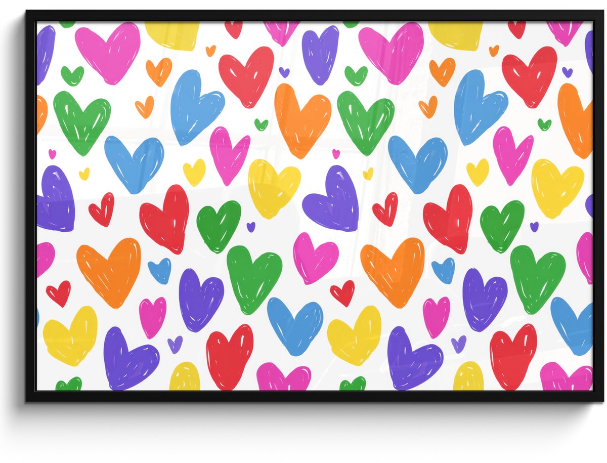 FrameYourWall Poster in lijst - Fotolijst 120x80 cm - Posters - Hartjes - Patroon - Kleurrijk - Tekening - Posterlijst zwart - Decoratie - Wanddecoratie woonkamer - Muurdecoratie slaapkamer Hartjes - Kleurrijk