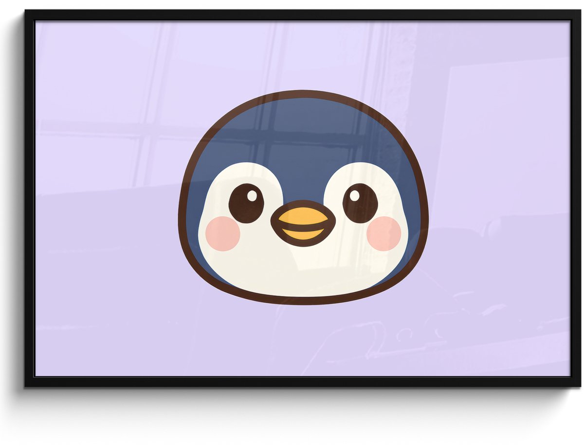 FrameYourWall Poster in lijst - Fotolijst 120x80 cm - Posters - Pinguïn - Paars - Schattig - Posterlijst zwart - Decoratie - Wanddecoratie woonkamer - Muurdecoratie slaapkamer