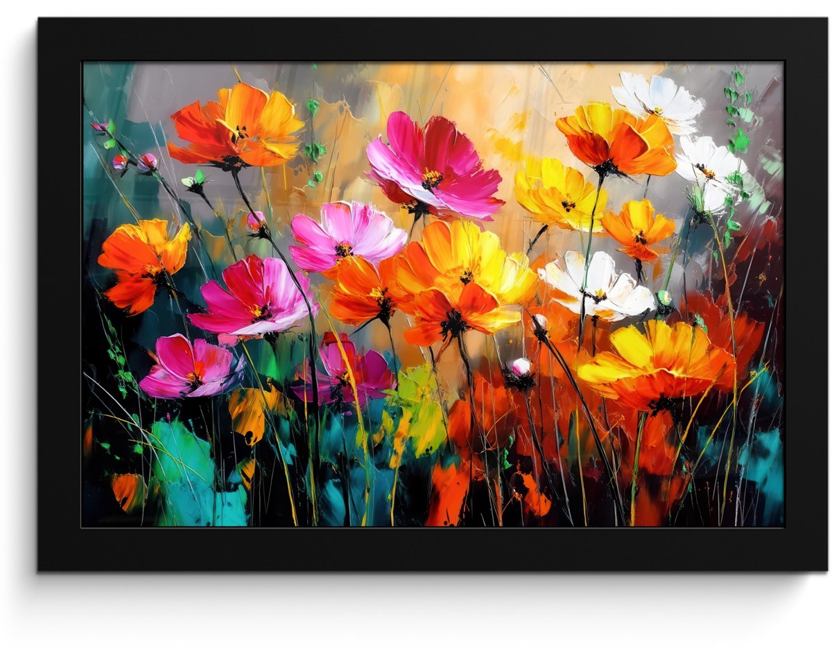 FrameYourWall Poster in lijst - Fotolijst 30x20 cm - Posters - Felgekleurd - Bloemblaadjes - Abstract - Posterlijst zwart - Decoratie - Wanddecoratie woonkamer - Muurdecoratie slaapkamer