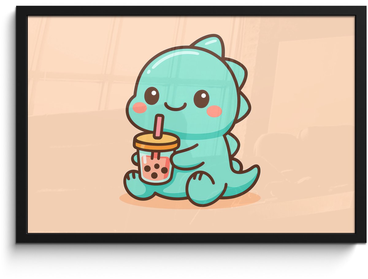 FrameYourWall Poster in lijst - Fotolijst 60x40 cm - Posters - Dino - Boba - kawaii - Oranje - Posterlijst zwart - Decoratie - Wanddecoratie woonkamer - Muurdecoratie slaapkamer