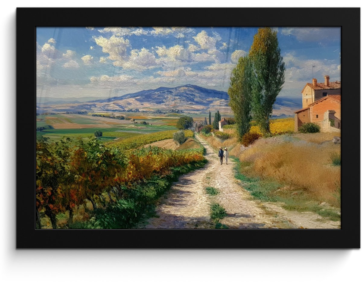 FrameYourWall Poster in lijst - Fotolijst 30x20 cm - Posters - Mensen - Wandelen - Zandpad - Velden - Posterlijst zwart - Decoratie - Wanddecoratie woonkamer - Muurdecoratie slaapkamer Zandpad - Velden - Bergen