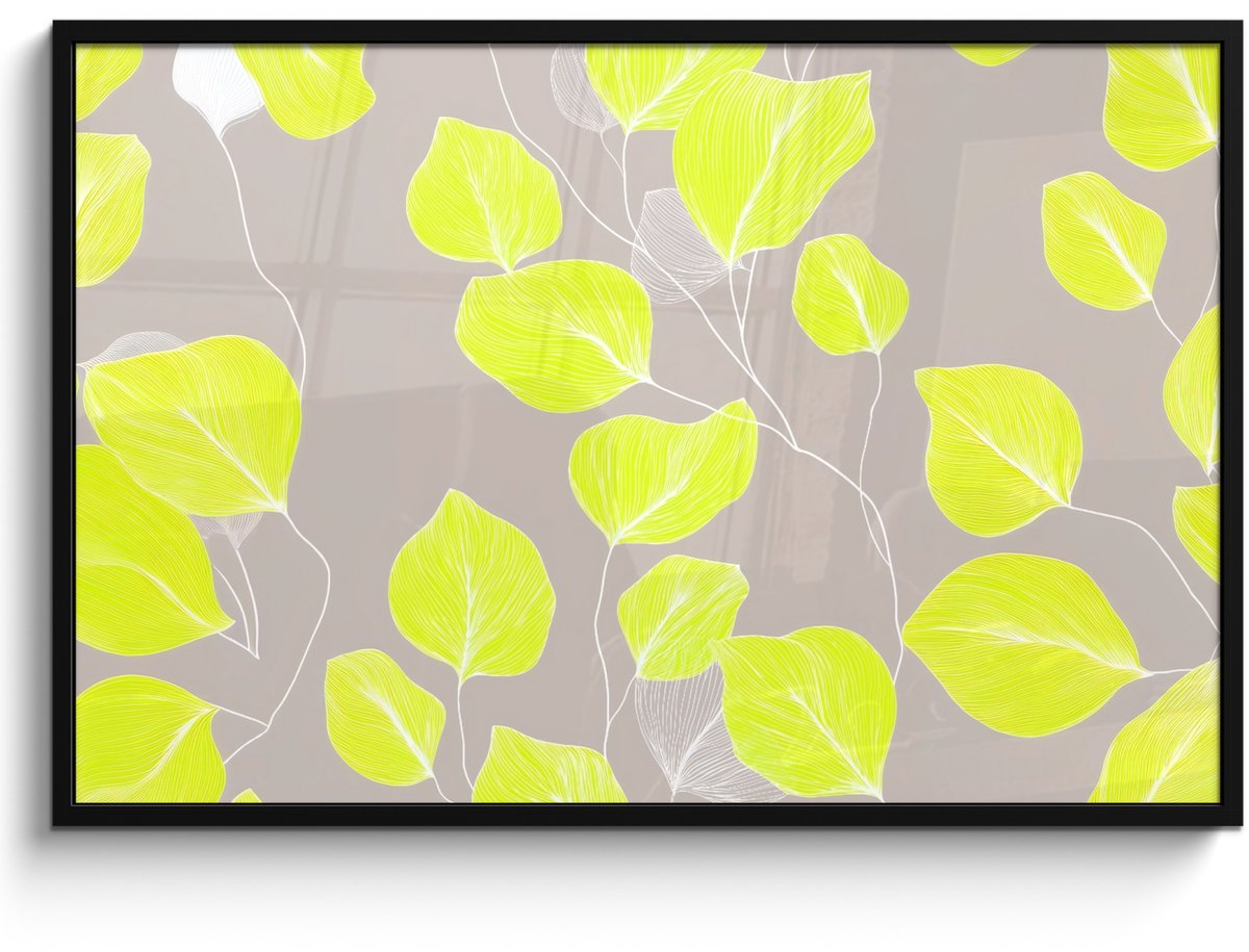 FrameYourWall Poster in lijst - Fotolijst 120x80 cm - Posters - Bladeren - Neon - Geel - Lijnen - Posterlijst zwart - Decoratie - Wanddecoratie woonkamer - Muurdecoratie slaapkamer Bladeren - Lijnen - Neon