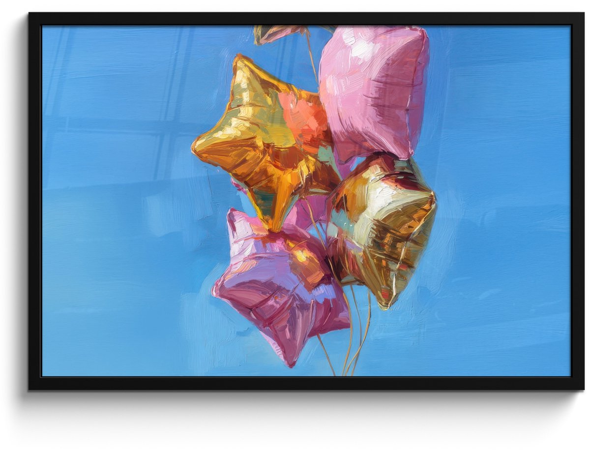 FrameYourWall Poster in lijst - Fotolijst 90x60 cm - Posters - Ballonnen - Goud - Stervorm - Roze - Posterlijst zwart - Decoratie - Wanddecoratie woonkamer - Muurdecoratie slaapkamer