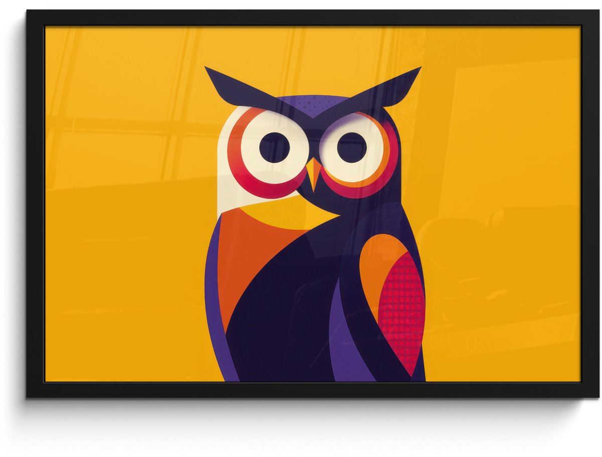 FrameYourWall Poster in lijst - Fotolijst 60x40 cm - Posters - Uil - Grafisch - Kleurrijk - Ogen - Posterlijst zwart - Decoratie - Wanddecoratie woonkamer - Muurdecoratie slaapkamer Uil - Ogen