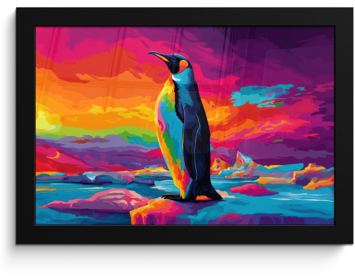 FrameYourWall Poster in lijst - Fotolijst 30x20 cm - Posters - Ijsschots - Pinguïn - Abstract - Lucht - Posterlijst zwart - Decoratie - Wanddecoratie woonkamer - Muurdecoratie slaapkamer Pinguïn - Kleurrijk
