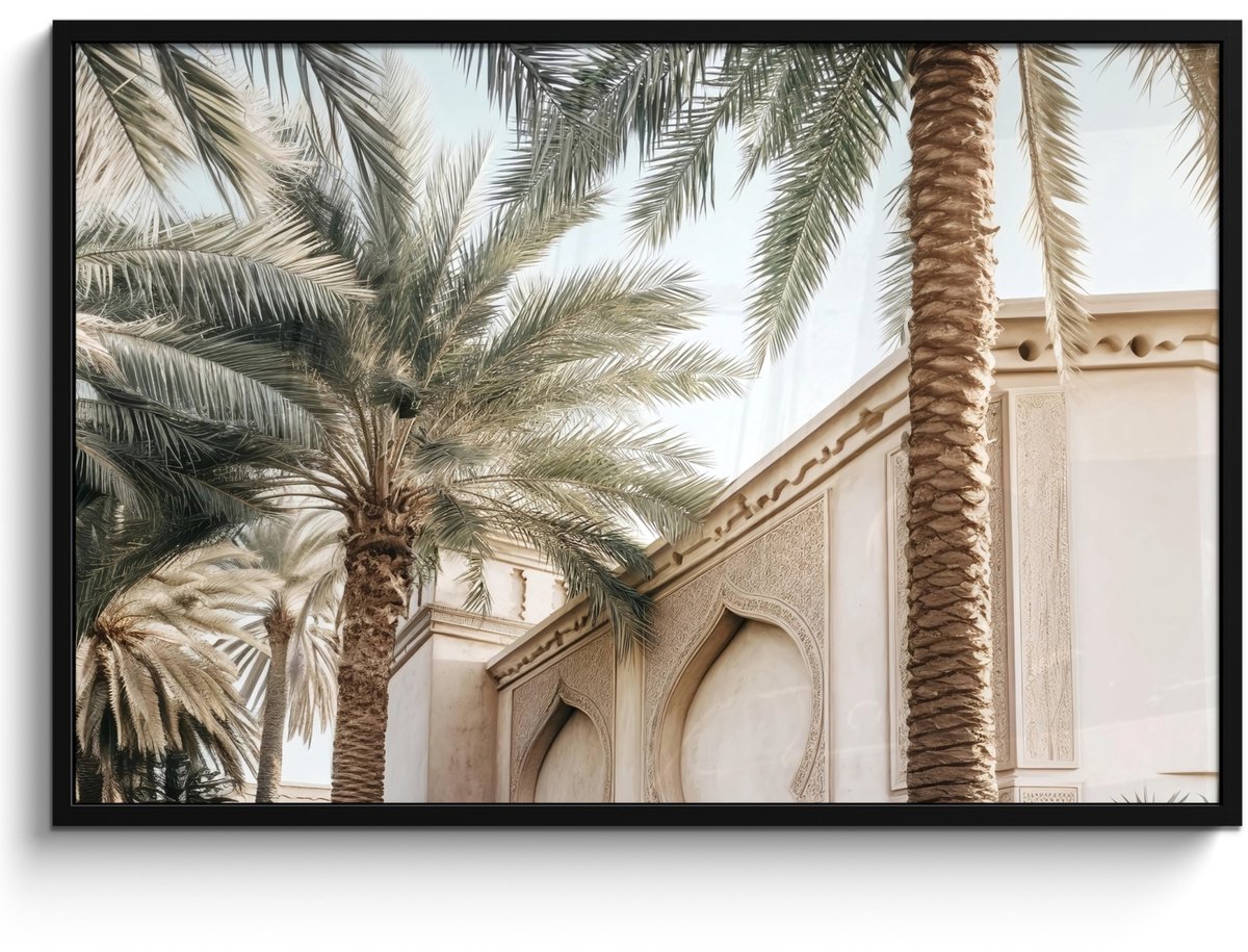 FrameYourWall Poster in lijst - Fotolijst 120x80 cm - Posters - Gebouw - Palmbomen - Beige - Zon - Posterlijst zwart - Decoratie - Wanddecoratie woonkamer - Muurdecoratie slaapkamer