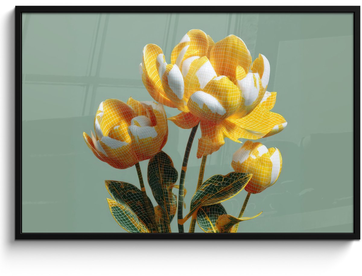 FrameYourWall Poster in lijst - Fotolijst 120x80 cm - Posters - Bloemen - Geel - Bladeren - Structuur - Posterlijst zwart - Decoratie - Wanddecoratie woonkamer - Muurdecoratie slaapkamer Bloemen - Bladeren - Structuur