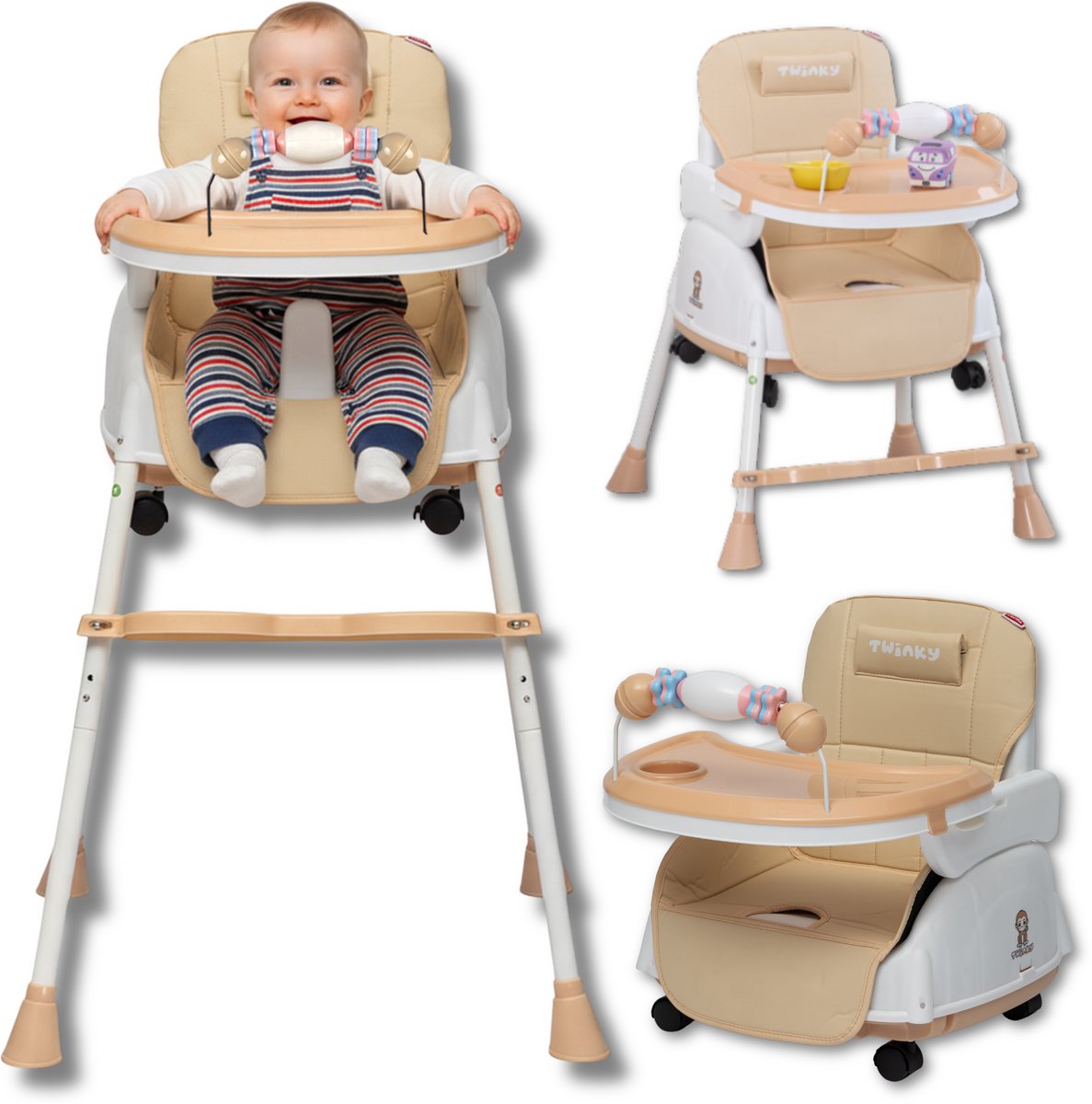 Bol.com Twinky® Kinderstoel – 2-in-1 Kinderwagen Set – Bruin – Inklapbare Eetstoel & Baby Wagentje en Babystoel Voor Aan Tafel  ... aanbieding