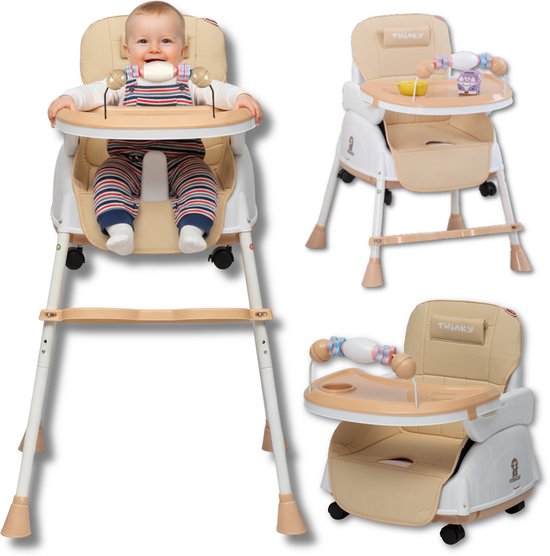 Twinky® Kinderstoel – 2-in-1 Kinderwagen Set – Bruin – Inklapbare Eetstoel & Baby Wagentje en Babystoel Voor Aan Tafel – Kinderzetel, Peuterstoeltje en Meegroeistoel in 1