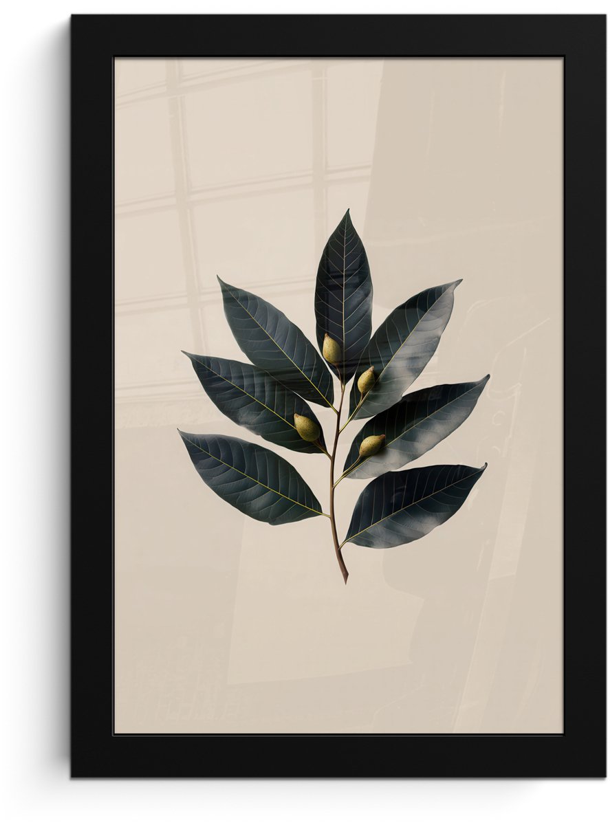 FrameYourWall Poster in lijst - Fotolijst 20x30 cm - Posters - Laurierbladeren - Bloemknoppen - subtiel - Posterlijst zwart - Decoratie - Wanddecoratie woonkamer - Muurdecoratie slaapkamer