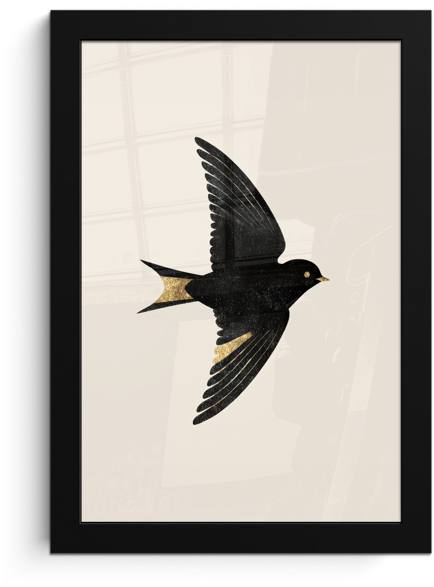 FrameYourWall Poster in lijst - Fotolijst 20x30 cm - Posters - Zwarte zwaluw - Gouden accenten - Lichte achtergrond - Posterlijst zwart - Decoratie - Wanddecoratie woonkamer - Muurdecoratie slaapkamer