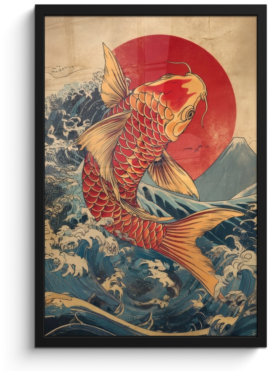 FrameYourWall Poster in lijst - Fotolijst 40x60 cm - Posters - Koi - Zee - Golven - Zon - Posterlijst zwart - Decoratie - Wanddecoratie woonkamer - Muurdecoratie slaapkamer