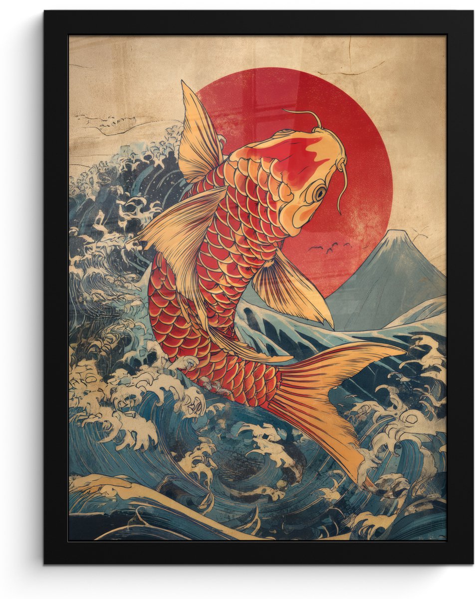 FrameYourWall Poster in lijst - Fotolijst 30x40 cm - Posters - Koi - Zee - Golven - Zon - Posterlijst zwart - Decoratie - Wanddecoratie woonkamer - Muurdecoratie slaapkamer