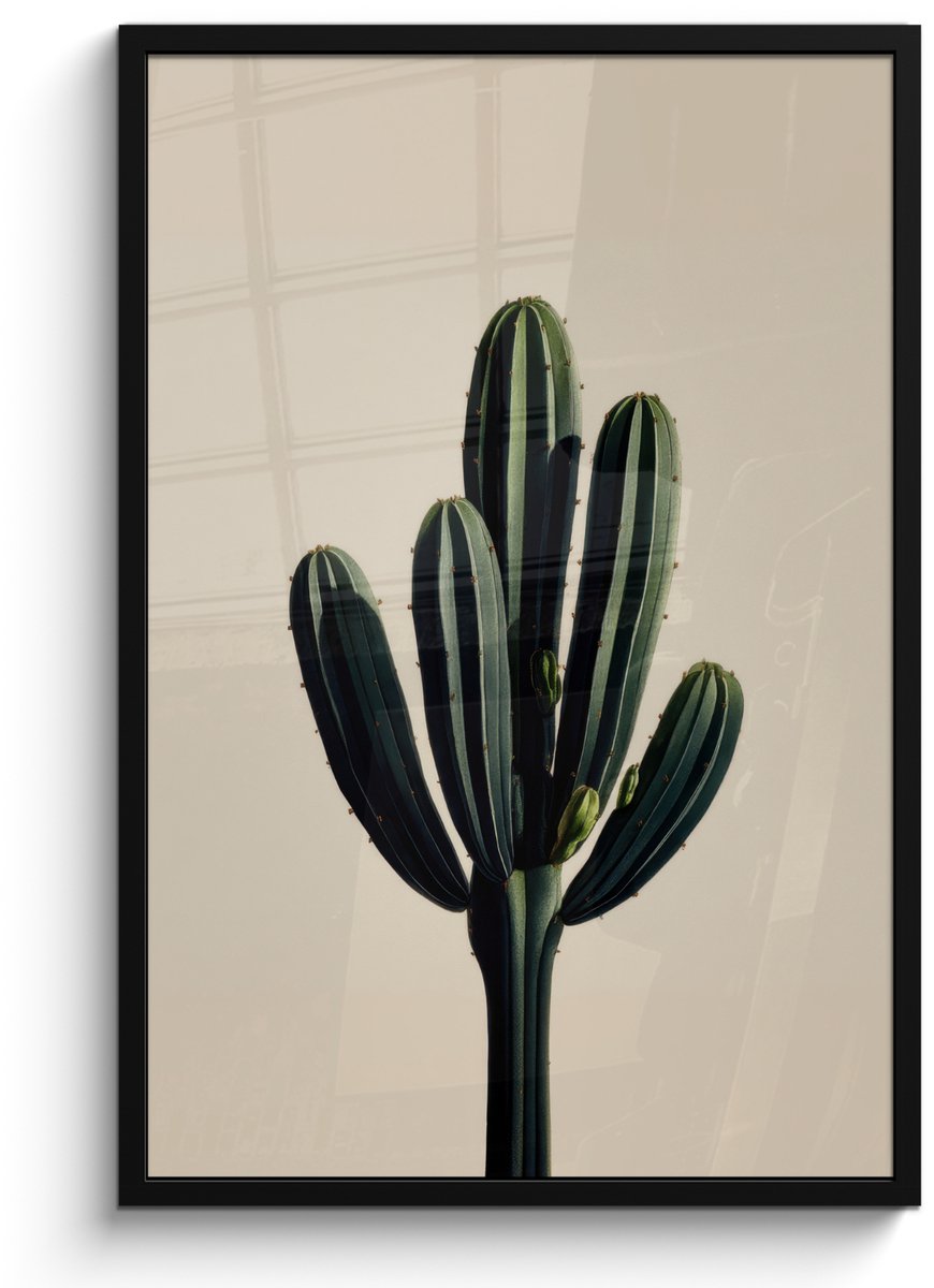 FrameYourWall Poster in lijst - Fotolijst 60x90 cm - Posters - Cactus - Subtiel - Groen - Posterlijst zwart - Decoratie - Wanddecoratie woonkamer - Muurdecoratie slaapkamer