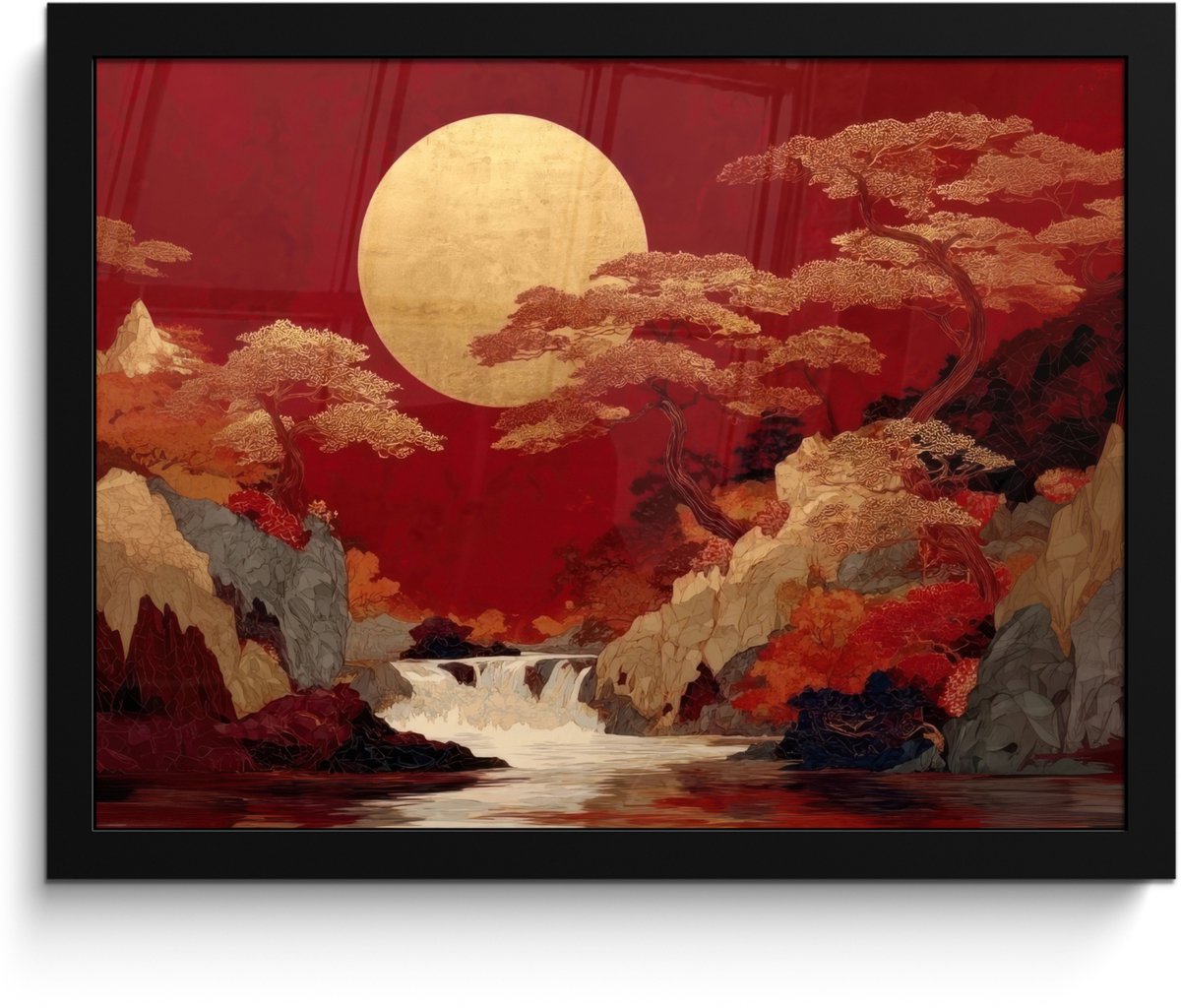 FrameYourWall Poster in lijst - Fotolijst 40x30 cm - Posters - Volle maan - Landschap - Waterval - Posterlijst zwart - Decoratie - Wanddecoratie woonkamer - Muurdecoratie slaapkamer