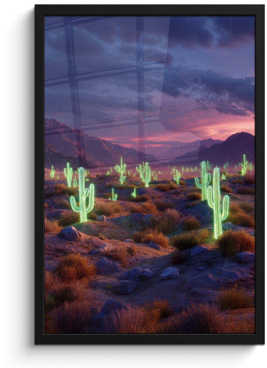 FrameYourWall Poster in lijst - Fotolijst 40x60 cm - Posters - Neon cactussen - Woestijn - Zonsondergang - Posterlijst zwart - Decoratie - Wanddecoratie woonkamer - Muurdecoratie slaapkamer Neon - cactus - Woestijn