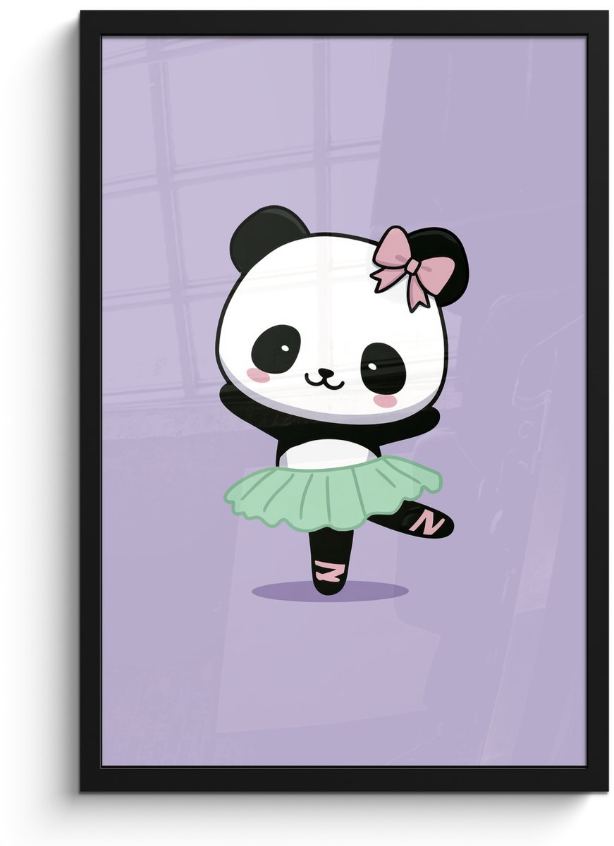 FrameYourWall Poster in lijst - Fotolijst 40x60 cm - Posters - Panda - Paars - Sierlijk - Kawaii - Posterlijst zwart - Decoratie - Wanddecoratie woonkamer - Muurdecoratie slaapkamer