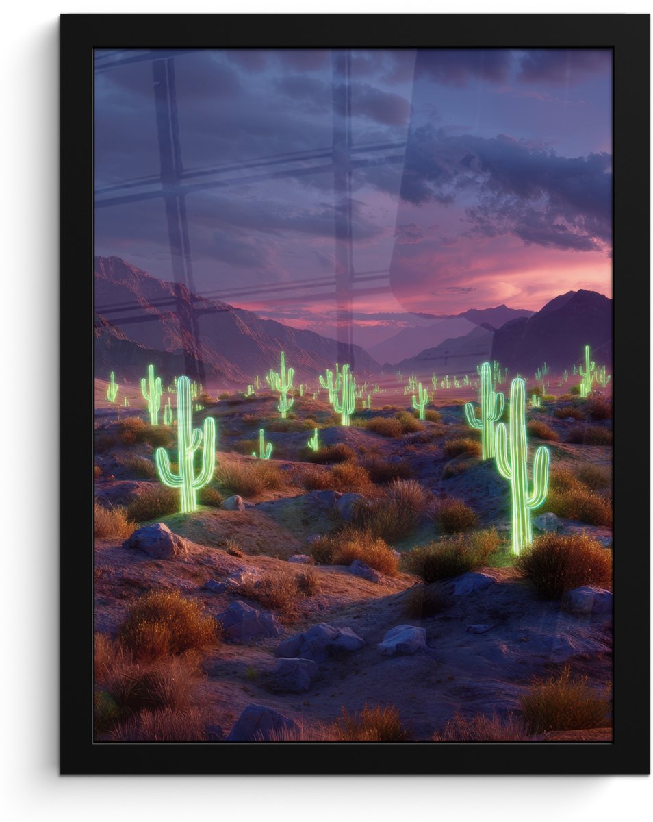 FrameYourWall Poster in lijst - Fotolijst 30x40 cm - Posters - Neon cactussen - Woestijn - Zonsondergang - Posterlijst zwart - Decoratie - Wanddecoratie woonkamer - Muurdecoratie slaapkamer Neon - cactus - Woestijn