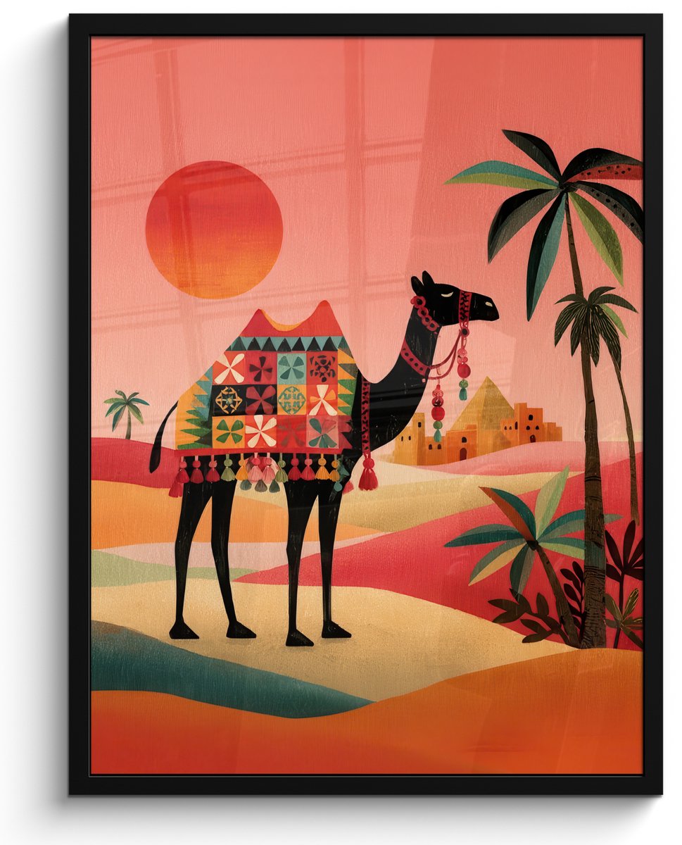FrameYourWall Poster in lijst - Fotolijst 60x80 cm - Posters - Kameel - Gekleurd tapijt - Duinen - Rode zon - Posterlijst zwart - Decoratie - Wanddecoratie woonkamer - Muurdecoratie slaapkamer Kameel - Duinen - Zon