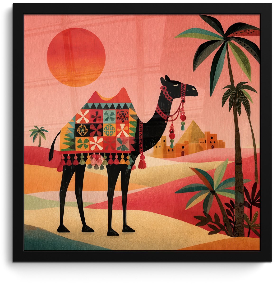 FrameYourWall Poster in lijst - Fotolijst 40x40 cm - Posters - Kameel - Gekleurd tapijt - Duinen - Rode zon - Posterlijst zwart - Decoratie - Wanddecoratie woonkamer - Muurdecoratie slaapkamer Kameel - Duinen - Zon