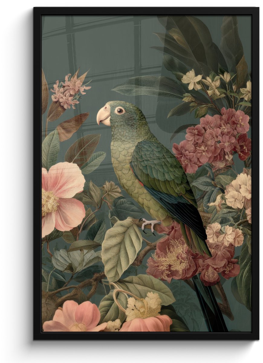 FrameYourWall Poster in lijst - Fotolijst 60x90 cm - Posters - Groene papegaai - Kleurrijke bloemen - Donkere achtergrond - Posterlijst zwart - Decoratie - Wanddecoratie woonkamer - Muurdecoratie slaapkamer Papegaai - Bloemen