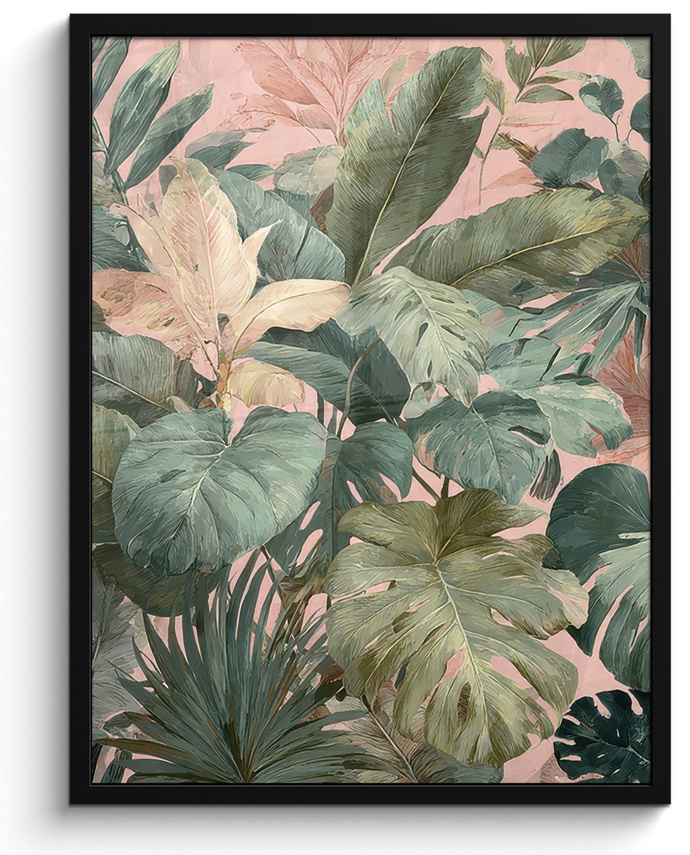FrameYourWall Poster in lijst - Fotolijst 60x80 cm - Posters - Compositie van bladeren - Groen - Roze - Posterlijst zwart - Decoratie - Wanddecoratie woonkamer - Muurdecoratie slaapkamer Bladeren - Compositie