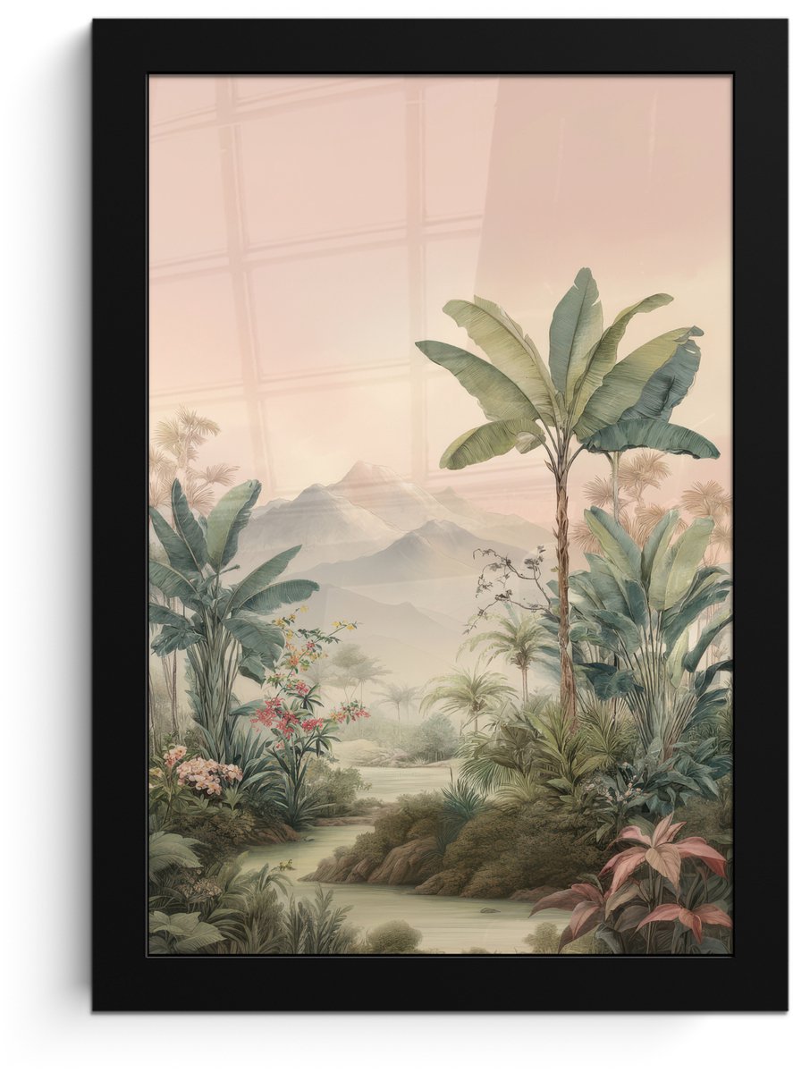 FrameYourWall Poster in lijst - Fotolijst 20x30 cm - Posters - Tropisch landschap - palmbomen - Bloemen - Roze lucht - Posterlijst zwart - Decoratie - Wanddecoratie woonkamer - Muurdecoratie slaapkamer Tropisch - Landschap
