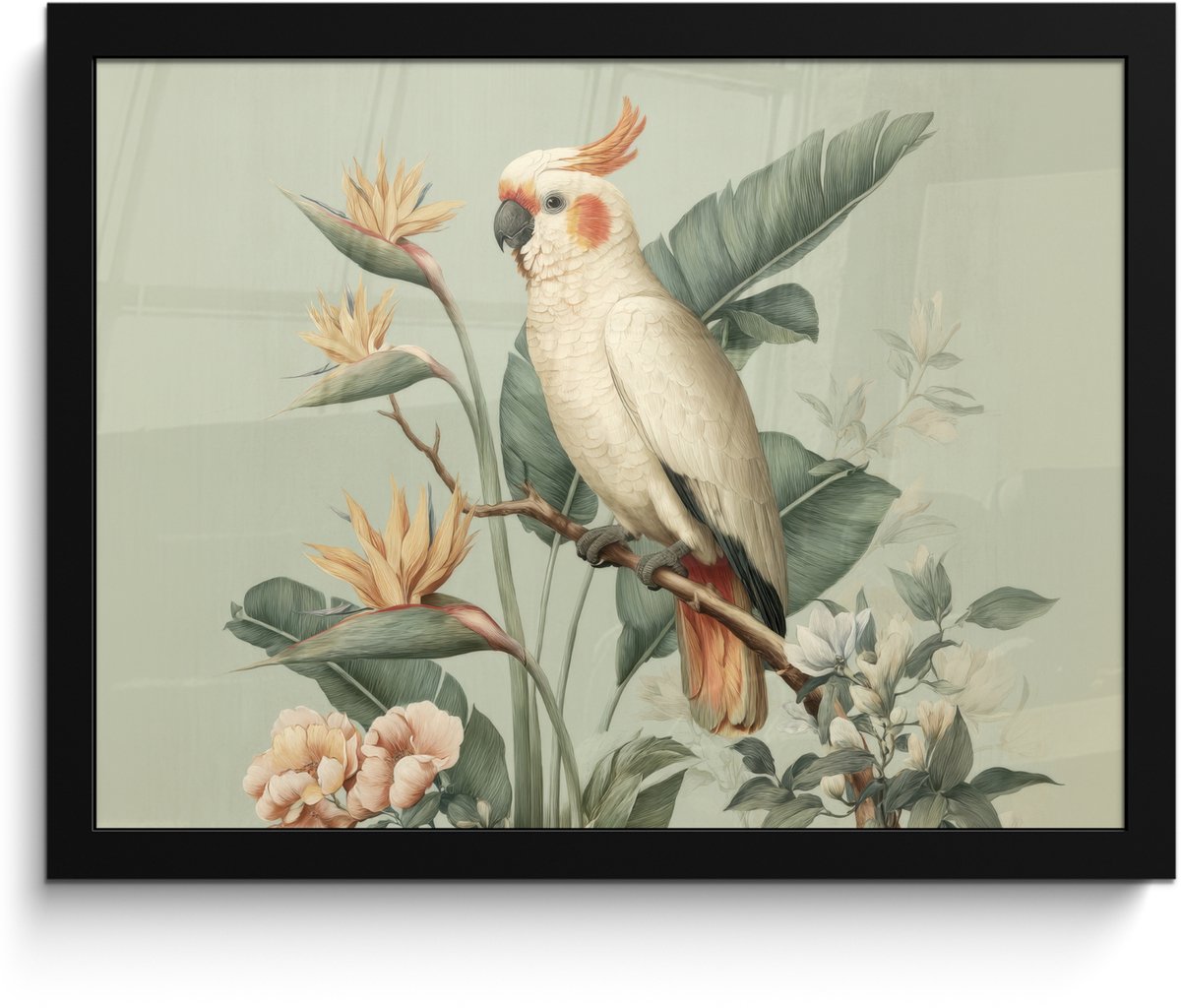 FrameYourWall Poster in lijst - Fotolijst 40x30 cm - Posters - Gele kuifkaketoe - paradijsvogelbloemen - Groen - Posterlijst zwart - Decoratie - Wanddecoratie woonkamer - Muurdecoratie slaapkamer