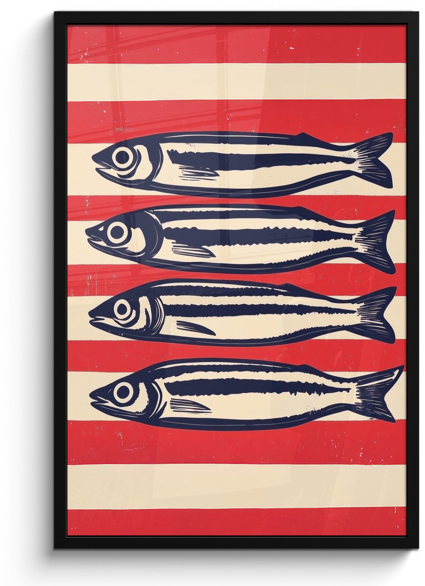 FrameYourWall Poster in lijst - Fotolijst 60x90 cm - Posters - Sardines - Rood en beige strepen - Posterlijst zwart - Decoratie - Wanddecoratie woonkamer - Muurdecoratie slaapkamer Sardines - Strepen