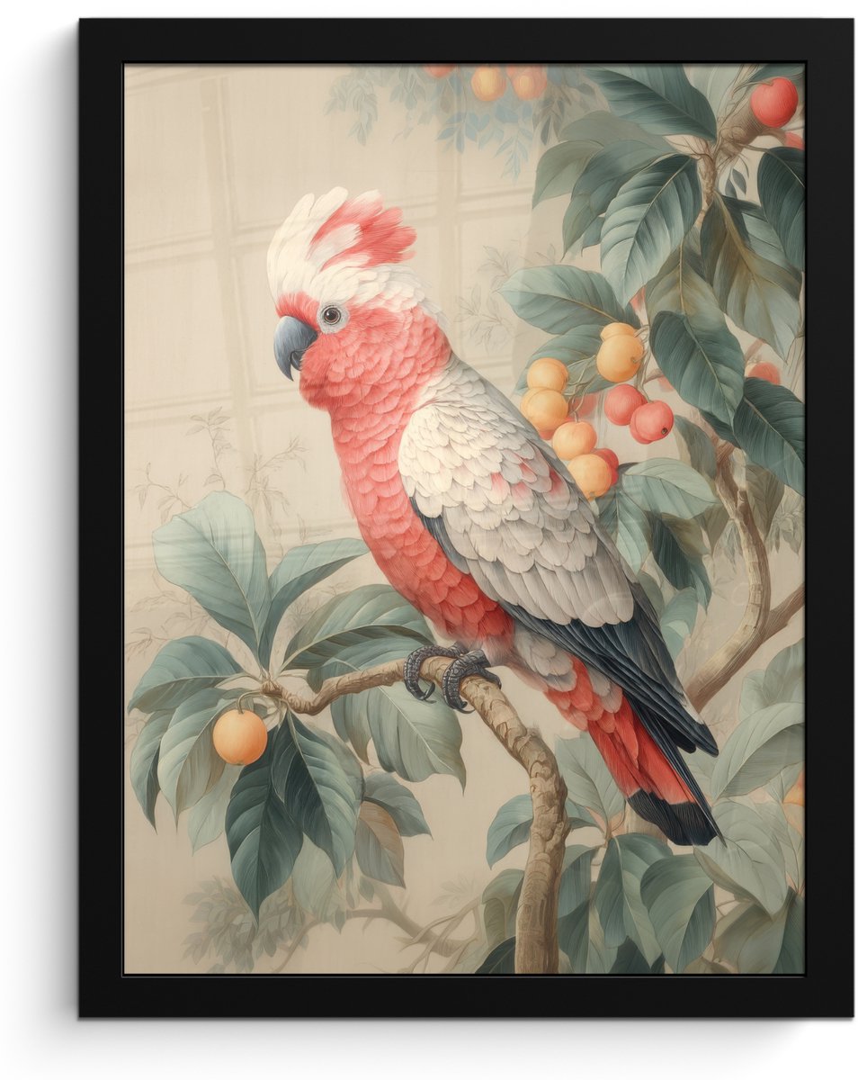 FrameYourWall Poster in lijst - Fotolijst 30x40 cm - Posters - Roze kuifkaketoe - Tak met vruchten - Bladeren - Posterlijst zwart - Decoratie - Wanddecoratie woonkamer - Muurdecoratie slaapkamer Kuifkaketoe - Tak - Vruchten