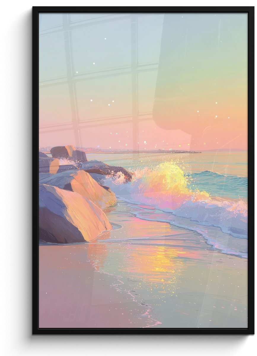 FrameYourWall Poster in lijst - Fotolijst 80x120 cm - Posters - Zomerlicht - Strand - Fonkelende accenten - Posterlijst zwart - Decoratie - Wanddecoratie woonkamer - Muurdecoratie slaapkamer Strand - Zee - Stad
