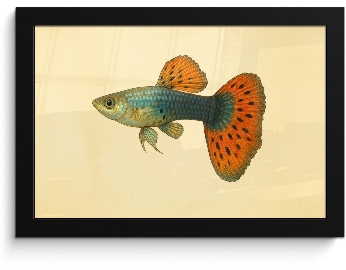 FrameYourWall Poster in lijst - Fotolijst 30x20 cm - Posters - Vis - illustratie - Stippen - Oranje - Posterlijst zwart - Decoratie - Wanddecoratie woonkamer - Muurdecoratie slaapkamer