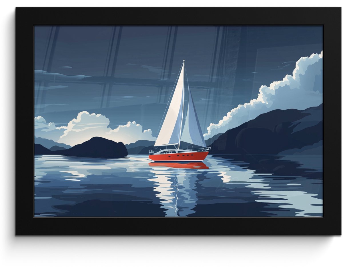 FrameYourWall Poster in lijst - Fotolijst 30x20 cm - Posters - Zeilboot - Donkere bergen - Stilte - Posterlijst zwart - Decoratie - Wanddecoratie woonkamer - Muurdecoratie slaapkamer Zeilboot - Wolken