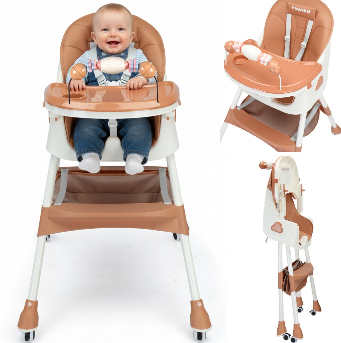 Twinky® Kinderstoel MAXI – 2-in-1 Kinderwagen Set – Bruin – Inklapbare Eetstoel & Baby Wagentje en Babystoel Voor Aan Tafel – Kinderzetel Peuterstoeltje en Meegroeistoel in 1