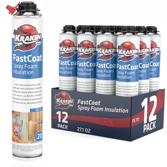 Kraken Bond Fastcoat brandwerende spuitschuimisolatie (1 x 27,1 oz.) Gesloten cel expanderend polyurethaanschuim - warmte- en geluidsisolatie, pistool en reiniger niet inbegrepen, 36 vierkantemeter , 12 verpakking