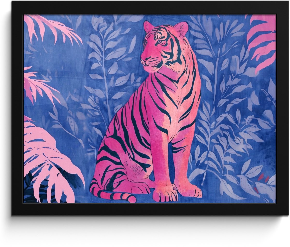 FrameYourWall Poster in lijst - Fotolijst 40x30 cm - Posters - Tijger - Roze - Bladeren - Jungle - Posterlijst zwart - Decoratie - Wanddecoratie woonkamer - Muurdecoratie slaapkamer Tijger - Bladeren