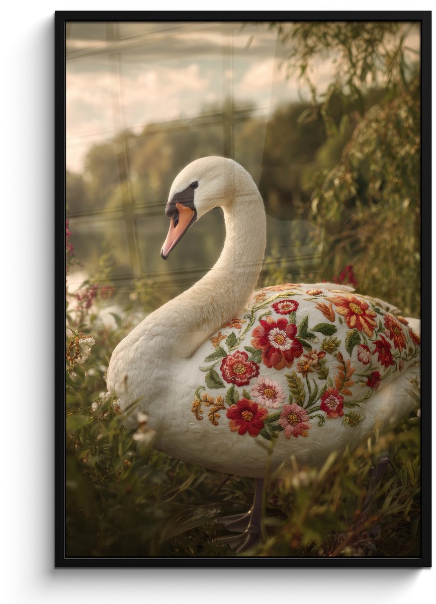 FrameYourWall Poster in lijst - Fotolijst 80x120 cm - Posters - Zwaan - Bloemen - Natuur - Posterlijst zwart - Decoratie - Wanddecoratie woonkamer - Muurdecoratie slaapkamer