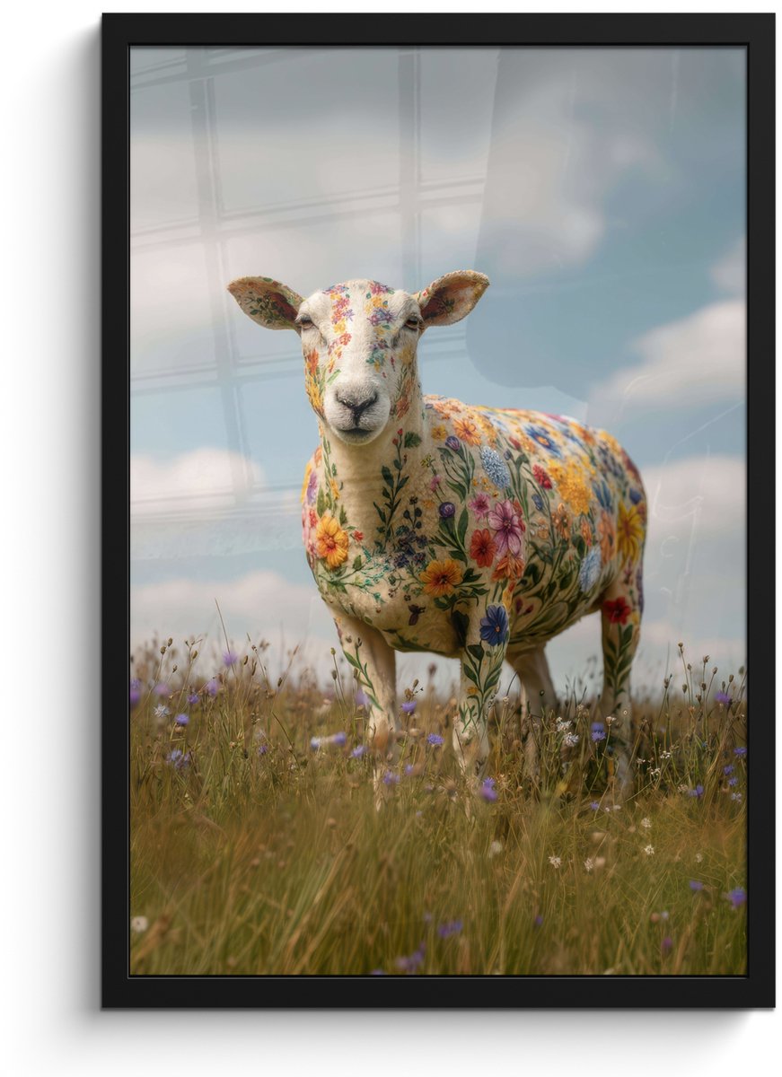 FrameYourWall Poster in lijst - Fotolijst 40x60 cm - Posters - Schaap - Bloemen - Weide - Posterlijst zwart - Decoratie - Wanddecoratie woonkamer - Muurdecoratie slaapkamer